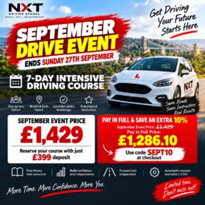 September Drive Event from Bristol & Bath Intensive Courses – 7-Day Intensive Driving Course for £1,429, or £1,286.10 when paying in full with code SEPT10. Offer ends Sunday 27th September 2026.