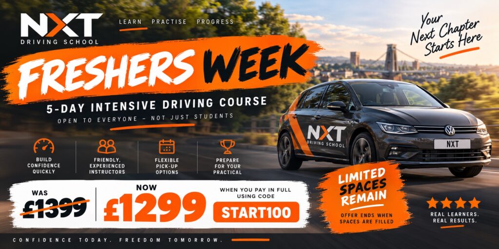 NXT Driving School Freshers Week 5-Day Intensive Course banner – £1299 with code START100